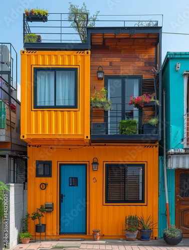 Vibrantly colored shipping containers painted and made into stacked houses. 