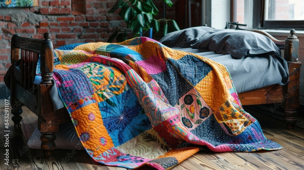A bed with a colorful quilt on it A bed with a colorful quilt on it
