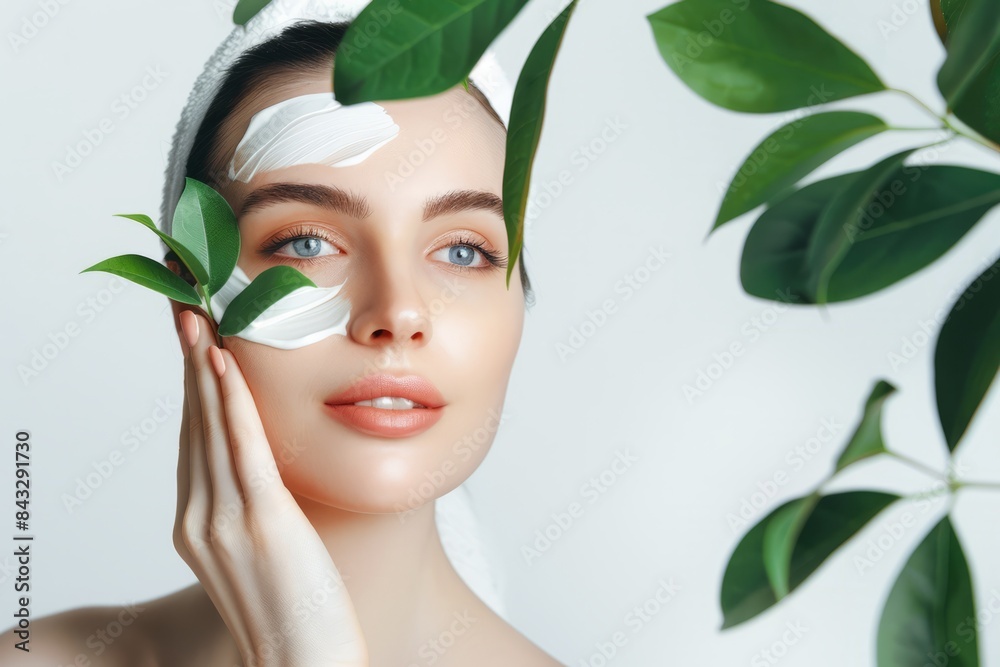 Beautiful women apply face cream on a white background, in a soft light, green leaves in the foreground. Skincare concept, beauty concept Beautiful women apply face cream on a white background, in a soft light, green leaves in the foreground. Skincare concept, beauty concept