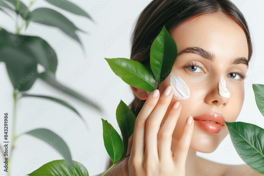 Beautiful women apply face cream on a white background, in a soft light, green leaves in the foreground. Skincare concept, beauty concept