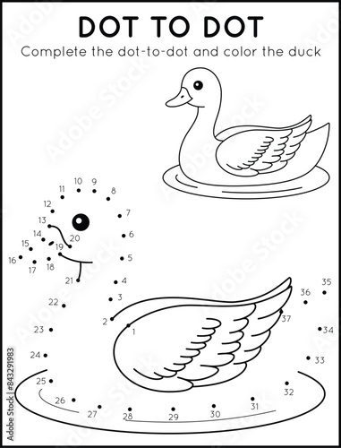 Cute Duck Dot-to-Dot Coloring In Worksheet For Kids