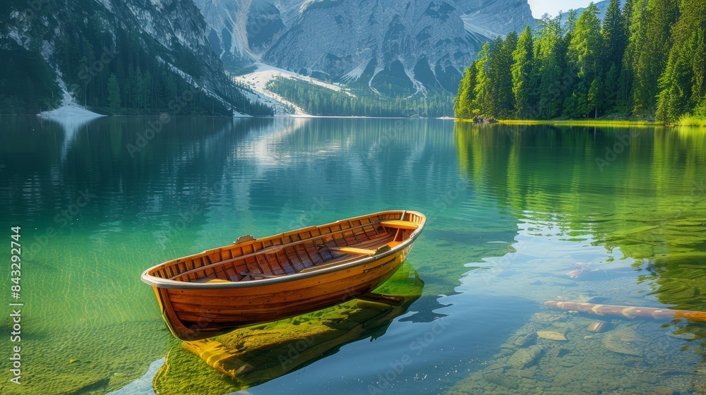 Lake Braies tranquility, small boat on glassy water, summer greenery, mountain reflections, quiet and peaceful atmosphere Lake Braies tranquility, small boat on glassy water, summer greenery, mountain reflections, quiet and peaceful atmosphere