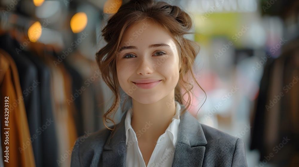 Portrait of a smiling woman wearing business attire in a fashion store, looking at the camera and standing near hangers. Portrait of a smiling woman wearing business attire in a fashion store, looking at the camera and standing near hangers.