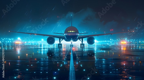 An airplane on the runway at night, illuminated by blue lights. The plane is white and has two engines under its wings. This scene conveys peace and solitude during nighttime travel.