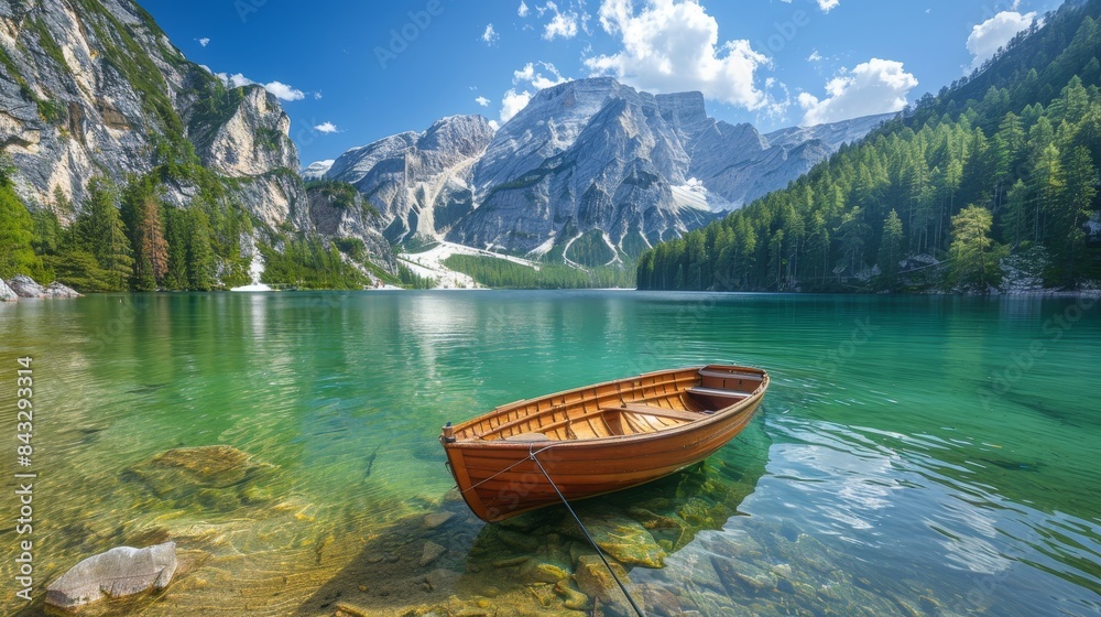 Idyllic Lake Braies, small boat resting on calm waters, vibrant summer foliage, clear blue skies, serene setting Idyllic Lake Braies, small boat resting on calm waters, vibrant summer foliage, clear blue skies, serene setting