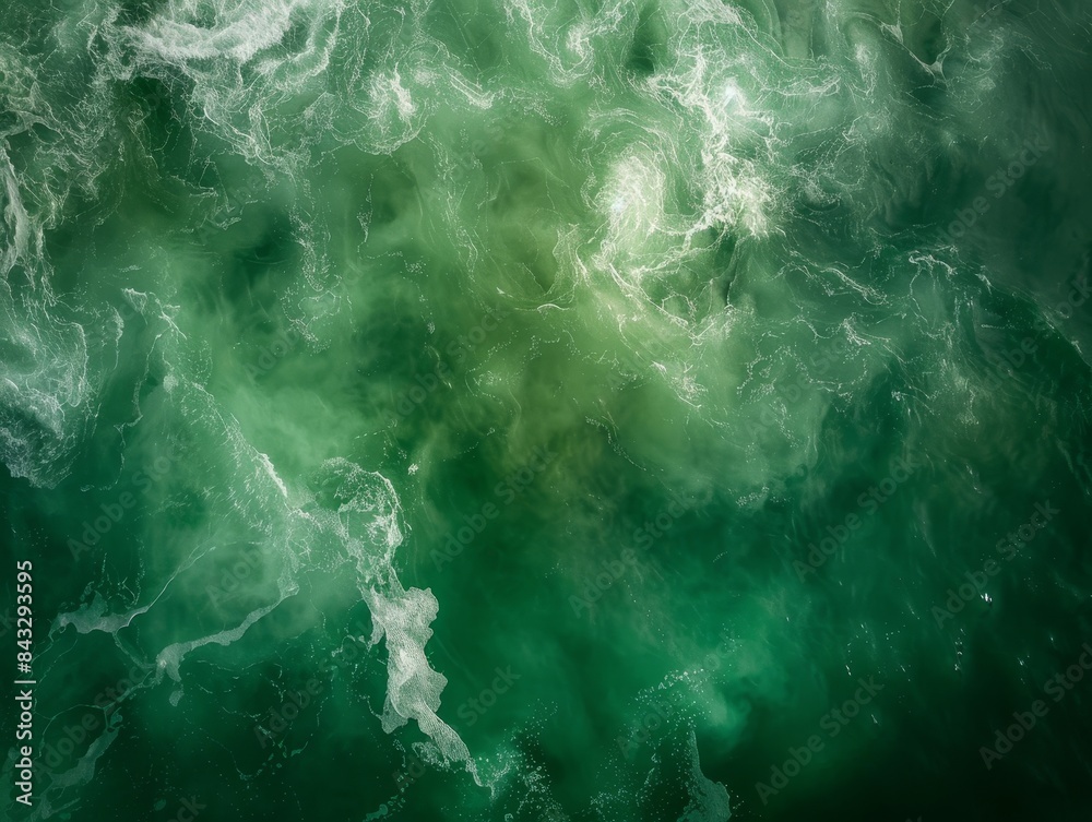 Green sea water from above, moody ocean waves, raw energy, aerial capture, deep hues