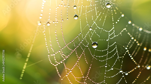 a close up of a spider web with raindrops