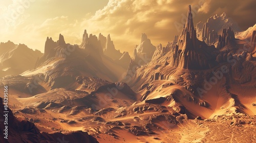 A surreal desert vista with towering rock formations sculpted by millennia of wind and sand,Desert dreamscape painted in hues of gold and rust photo