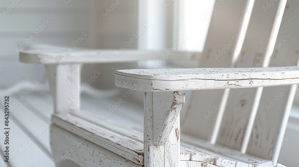 Focused close-up of a white Adirondack chair, intricate wood details, isolated, clean background, studio light Focused close-up of a white Adirondack chair, intricate wood details, isolated, clean background, studio light