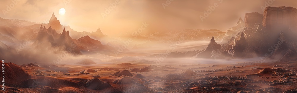 Naklejka premium Exploring Mars, foggy desert, rocky outcrops, reddish tint, dense mist, surreal and alien landscape