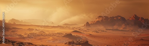 Exploring Mars, foggy desert, rocky outcrops, reddish tint, dense mist, surreal and alien landscape