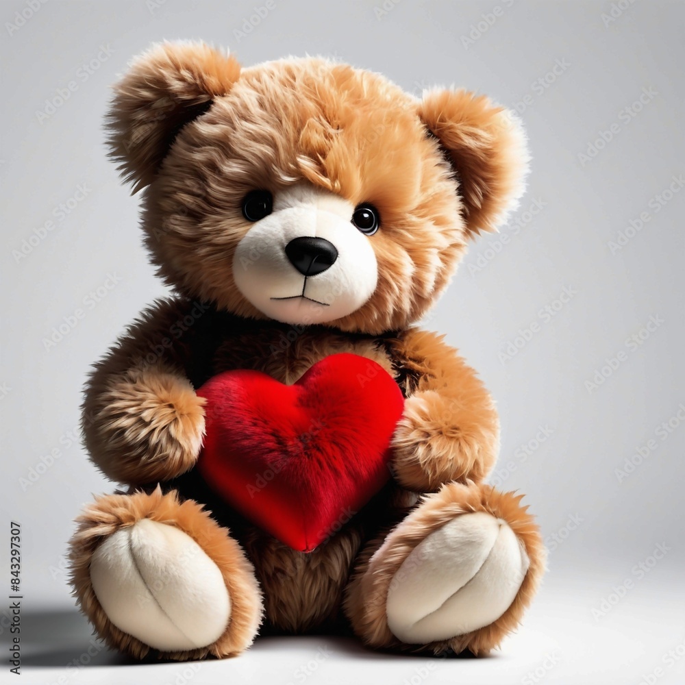 A teddy bear is holding a red heart