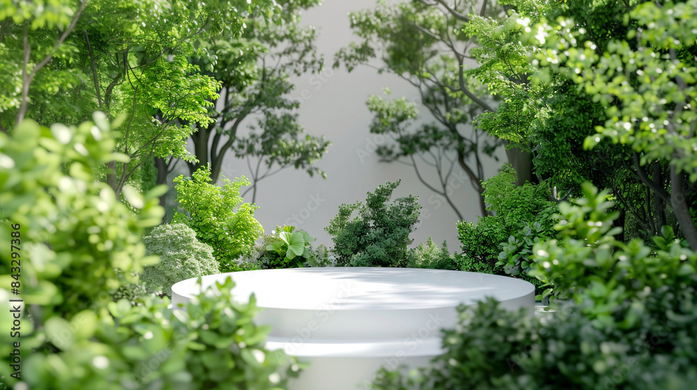 blank white podium in garden with green trees blank white podium in garden with green trees