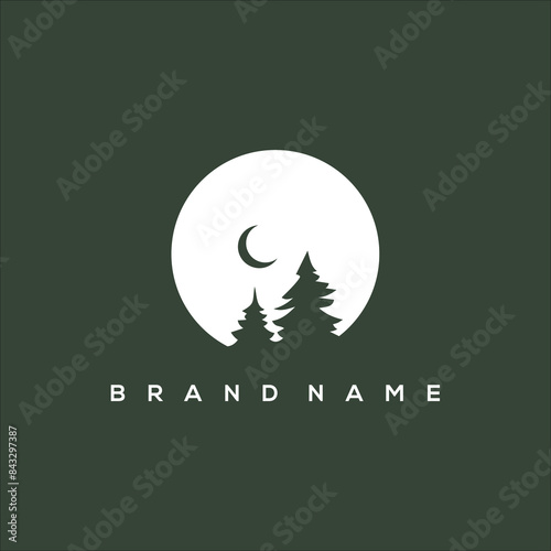 pine and moon in night circle vector logo
