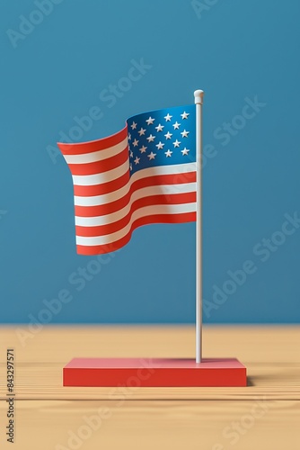 Small American flag on a stand against a blue background, symbolizing patriotism and national pride.