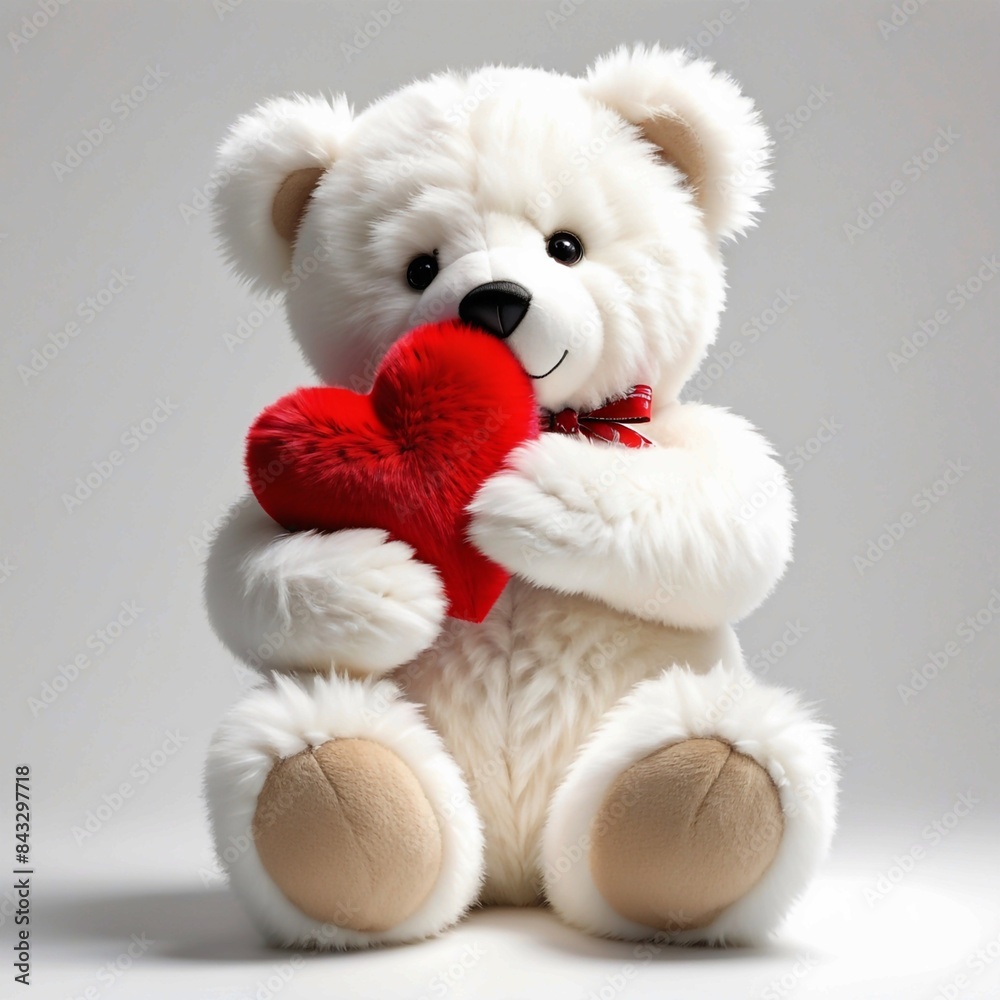 A teddy bear is holding a red heart