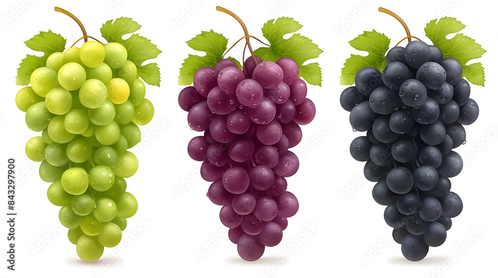 Three vibrant bunches of grapes: green, red, and black, isolated on white background with droplets of water. Three vibrant bunches of grapes: green, red, and black, isolated on white background with droplets of water.