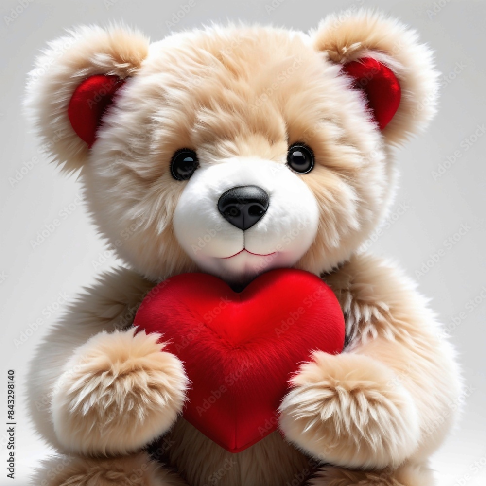 A teddy bear is holding a red heart