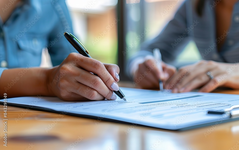 Close-up of hands writing on a document with a pen, representing teamwork, collaboration, and business planning in a professional setting. Close-up of hands writing on a document with a pen, representing teamwork, collaboration, and business planning in a professional setting.