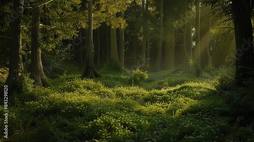 A surreal forest glade illuminated by sunlight filtering through the dense canopy, with vibrant greenery carpeting the forest floor