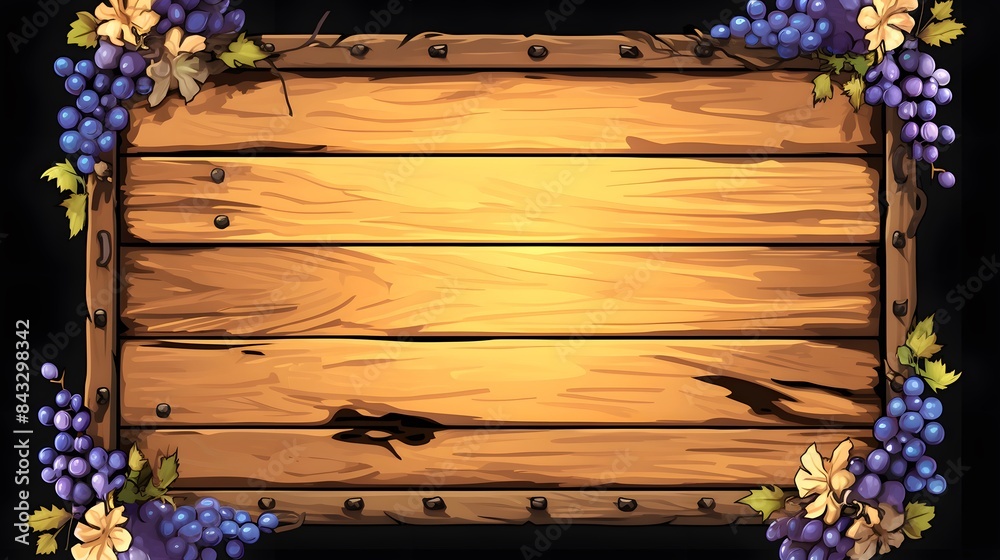 Rustic wooden sign decorated with clusters of grapes and leaves, perfect for a vineyard or winery theme. Rustic wooden sign decorated with clusters of grapes and leaves, perfect for a vineyard or winery theme.