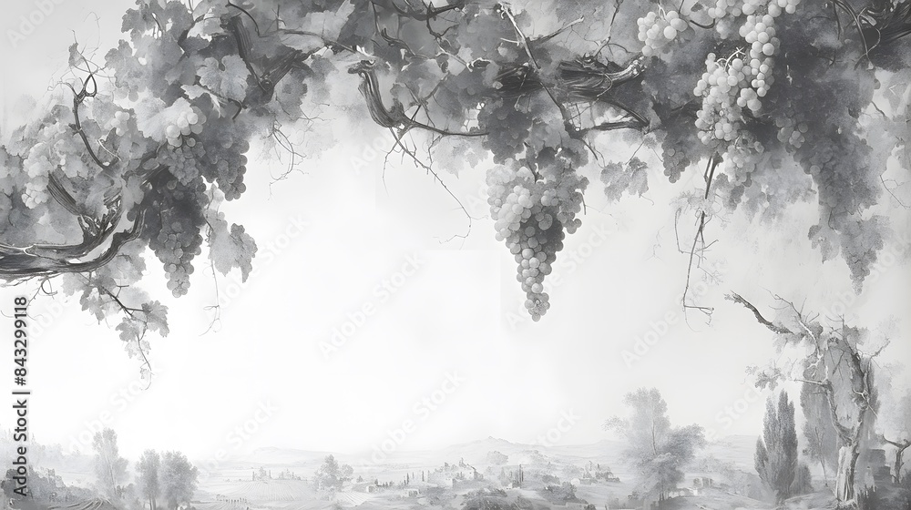 Fototapeta premium Black and white vineyard scene with large grape clusters hanging from vines and a distant rural landscape.
