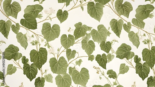 Seamless pattern of climbing green ivy leaves on a light background.