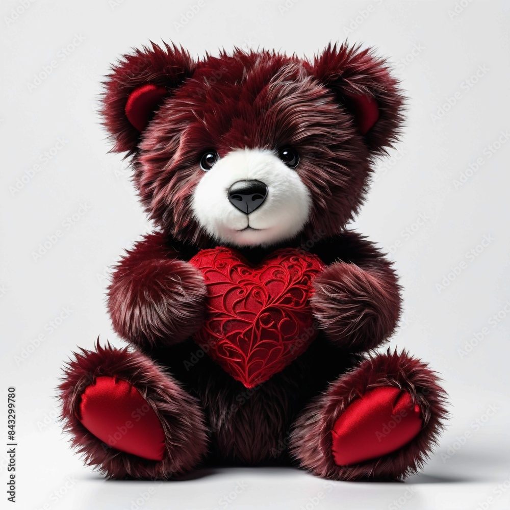 A teddy bear is holding a red heart
