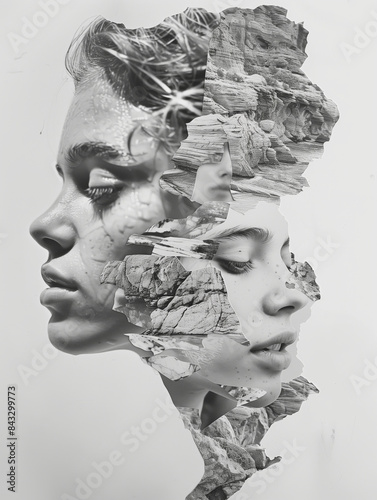 Artistic Montage of Female Face with Nature Elements in Monochrome