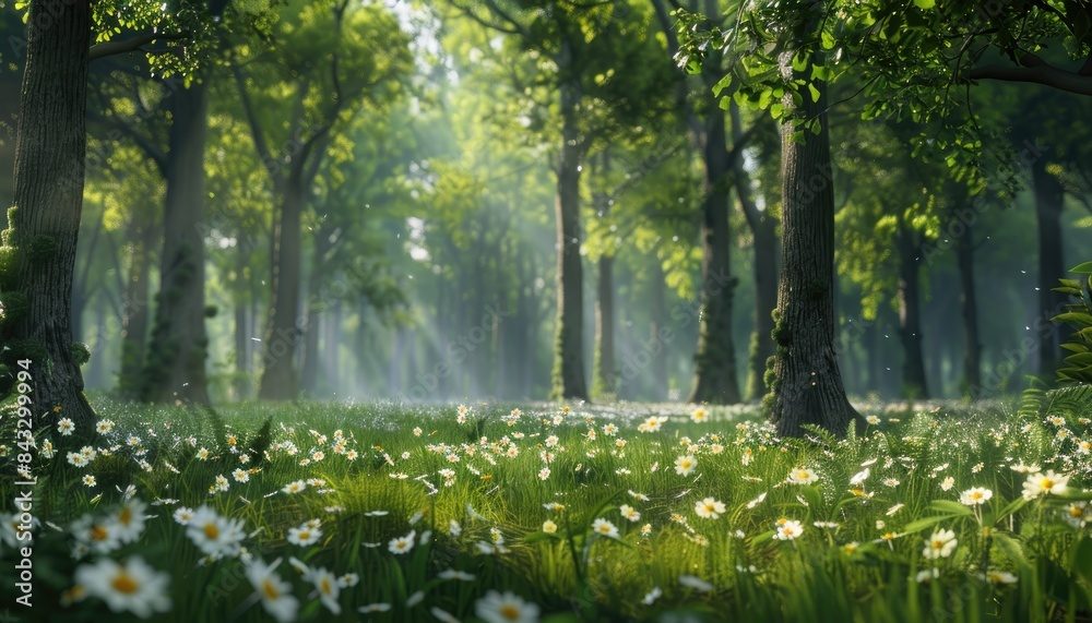 Natural dorest of woods with sunbeams through fog and leaves branch create mystic atmosphere. sunny morning in green forest Natural dorest of woods with sunbeams through fog and leaves branch create mystic atmosphere. sunny morning in green forest