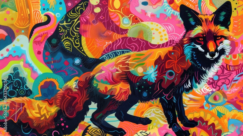 Abstract fox silhouette combined with vibrant, surreal patterns in a stunning array of bright colors, igniting creativity. Abstract fox silhouette combined with vibrant, surreal patterns in a stunning array of bright colors, igniting creativity.