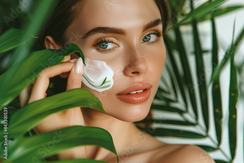 Beautiful women apply face cream on a white background, in a soft light, green leaves in the foreground. Skincare concept, beauty concept