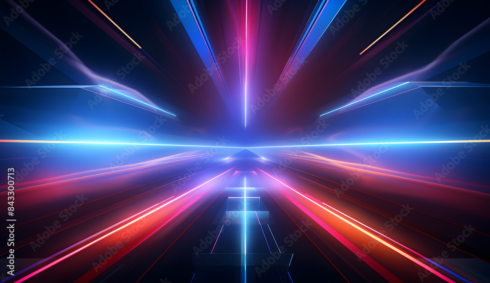 Vibrant neon laser beams radiating from the center of an empty dark space, creating dynamic and energetic lines that create visual depth and movement. The background is dark with minimal details Vibrant neon laser beams radiating from the center of an empty dark space, creating dynamic and energetic lines that create visual depth and movement. The background is dark with minimal details