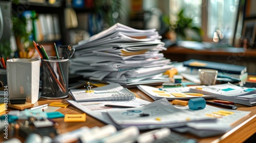 Cluttered office table, close-up view, scattered papers, pens, and gadgets, messy workspace, natural lighting photo