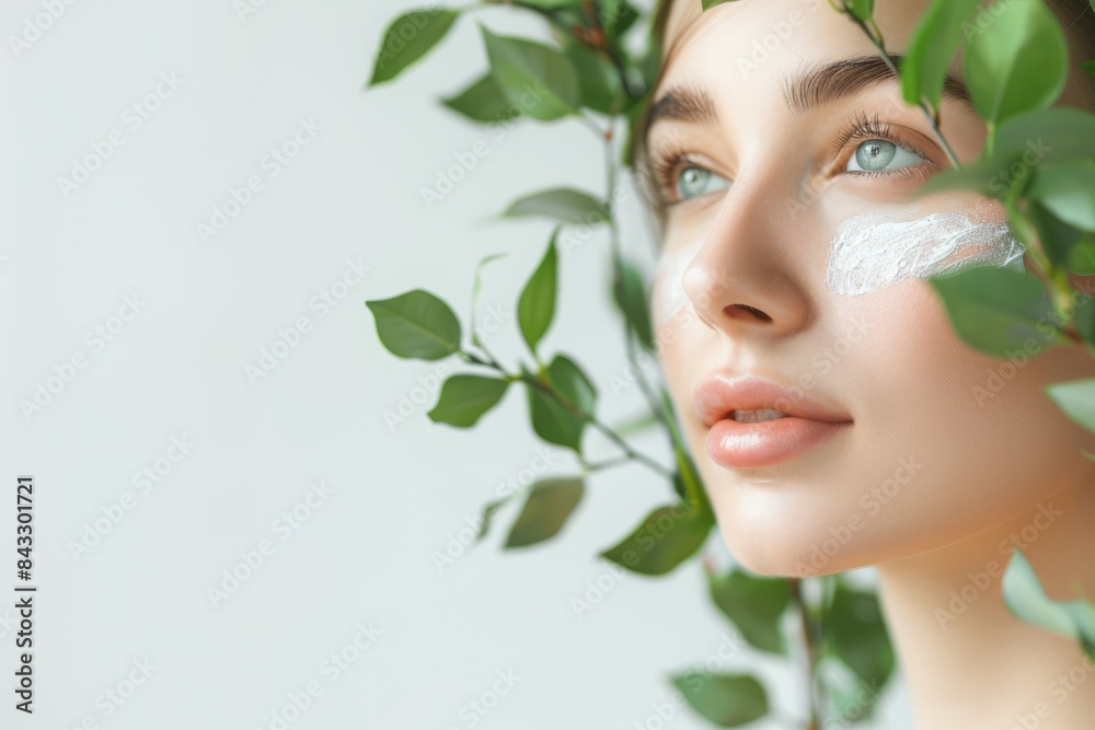 Beautiful women apply face cream on a white background, in a soft light, green leaves in the foreground. Skincare concept, beauty concept Beautiful women apply face cream on a white background, in a soft light, green leaves in the foreground. Skincare concept, beauty concept