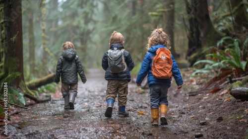 Three children with backpacks hiking on a misty forest trail, surrounded by lush greenery and towering trees.