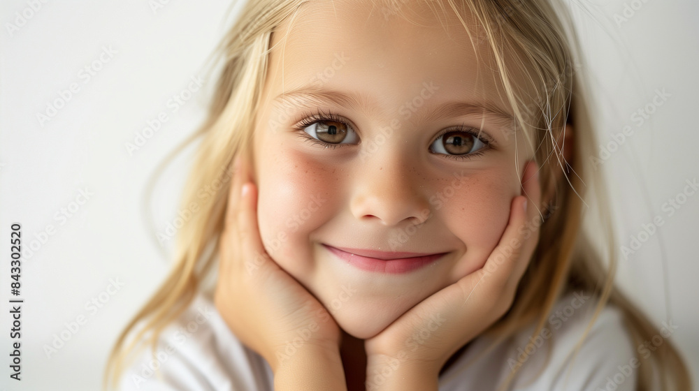 Portrait of a smiling young girl with blonde hair and brown eyes, wearing a white-colored shirt. Portrait of a smiling young girl with blonde hair and brown eyes, wearing a white-colored shirt.