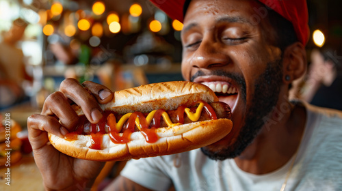 Hot dog Day in America.  A happy black guy is adoringly eating a big delicious hot dog with mustard and ketchup. An African man in a red cap is smiling and enjoying a meal in a cafe photo