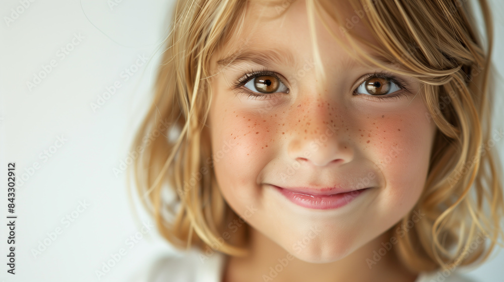 Portrait of a smiling young girl with blonde hair and brown eyes, wearing a white-colored shirt. Portrait of a smiling young girl with blonde hair and brown eyes, wearing a white-colored shirt.