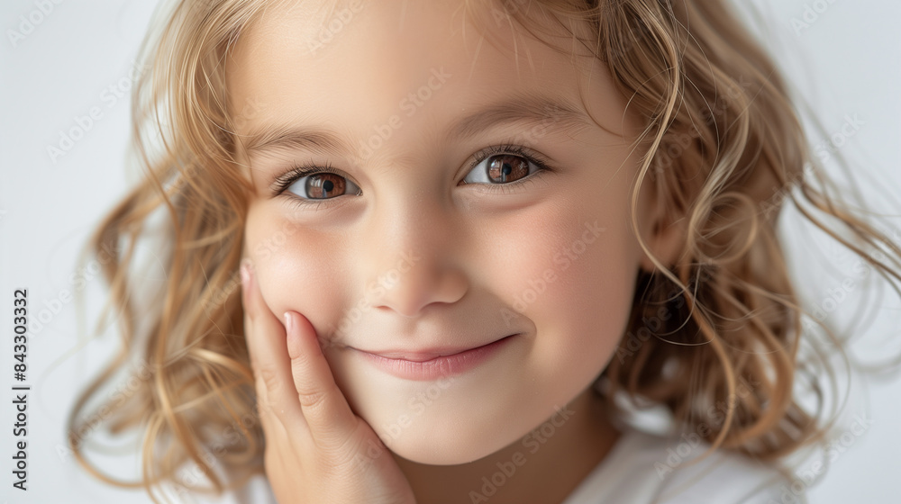 Portrait of a smiling young girl with blonde hair and brown eyes, wearing a white-colored shirt. Portrait of a smiling young girl with blonde hair and brown eyes, wearing a white-colored shirt.
