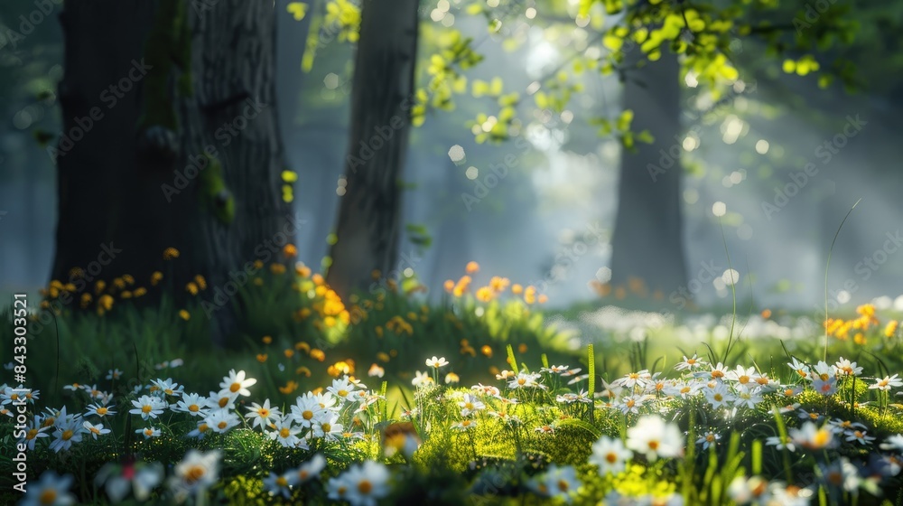 Fototapeta premium Natural dorest of woods with sunbeams through fog and leaves branch create mystic atmosphere. sunny morning in green forest