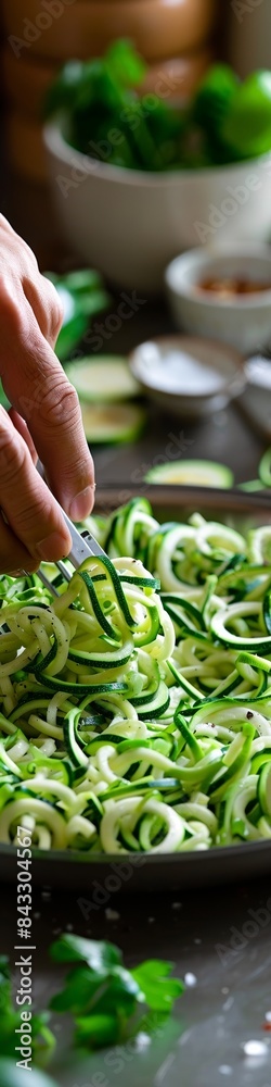 A person spiraling zucchini for making healthy noodles. A person spiraling zucchini for making healthy noodles.