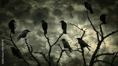 Ominous flock of black crows perched on leafless branches, against a backdrop of a dark, cloudy sky.