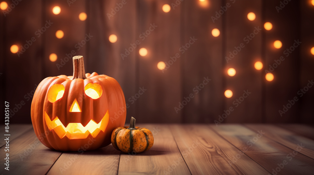 Fototapeta premium Photo of Halloween pumpkin lantern on wooden table background with text space.