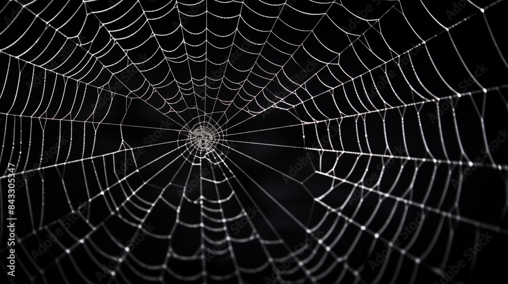 White spiderweb on black background with text space.