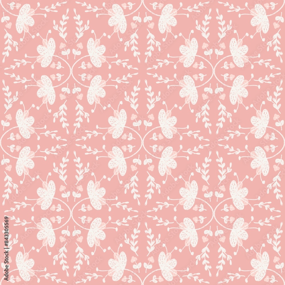 White flower vine graphic on a preppy orange background in a vintage style for fabric design. Bedsheets, book covers, wallpaper, curtain pockets, tile patterns, continuous, seamless work. White flower vine graphic on a preppy orange background in a vintage style for fabric design. Bedsheets, book covers, wallpaper, curtain pockets, tile patterns, continuous, seamless work.
