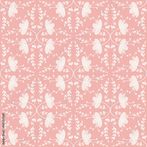 White flower vine graphic on a preppy orange background in a vintage style for fabric design. Bedsheets, book covers, wallpaper, curtain pockets, tile patterns, continuous, seamless work.