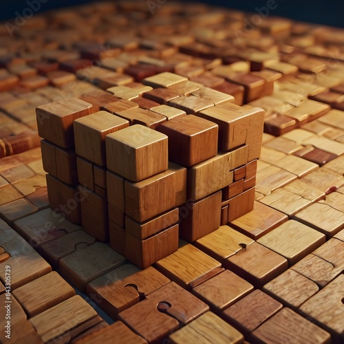 geometric block with a background of vibrant wooden puzzle pieces. logical reasoning, corporate logic, dilemmas, decisions, rationale, goals, objectives, and strategy concepts4k, high detailed, Genera