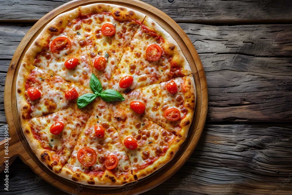 Pizza on an oak wooden table, top view. The crust is golden brown and the pizza has various ingredients such as cherry tomatoes, mushrooms, cheese, ham slices Pizza on an oak wooden table, top view. The crust is golden brown and the pizza has various ingredients such as cherry tomatoes, mushrooms, cheese, ham slices