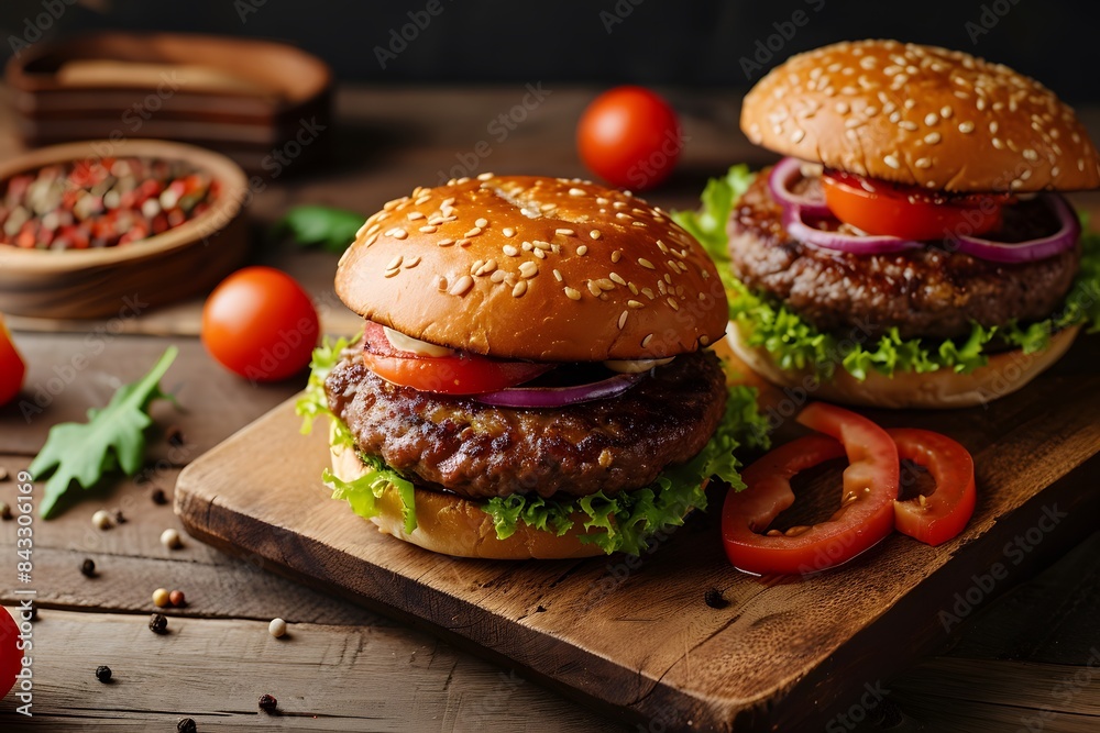 Two juicy beef burgers with lettuce, tomato, and cheese on the buns sitting side by side on an old wooden table. A slice of red onion is placed between them and surrounded by tomatoes and salad leaves Two juicy beef burgers with lettuce, tomato, and cheese on the buns sitting side by side on an old wooden table. A slice of red onion is placed between them and surrounded by tomatoes and salad leaves